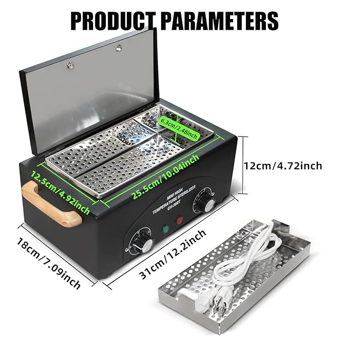 High Temperature Metal Tool Cleaning Box,Misforu 2L Dry Heat Cabinet High Temp with Stainless Tray Timer and Handle for Nail Art Tool Salon Hairdressing Tool Earrings 300W 110V (Black)