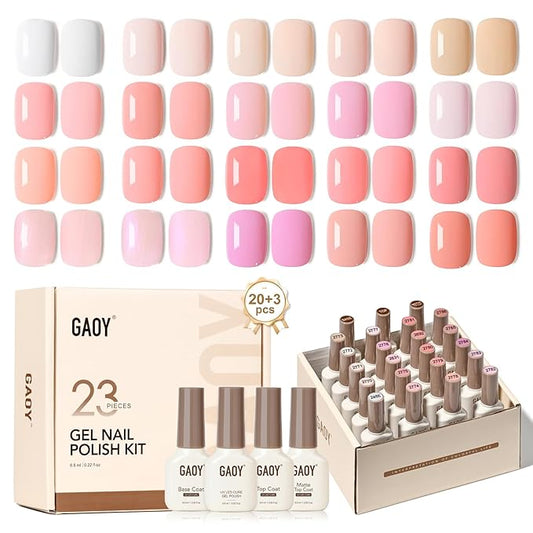 GAOY 23 Pcs Gel Nail Polish Kit, White Pink Nude Colors UV Gel Polish Set with Glossy & Matte Top Coat and Base Coat for Nail Art DIY