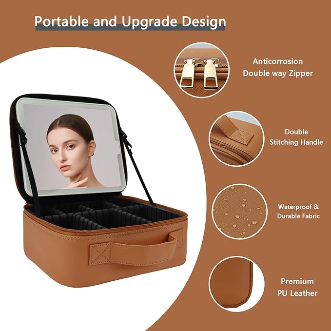 Travel Makeup Bag with LED Lighted Mirror,Cosmetics Organizer, Makeup Bag with 3 Color Lighted Setting, Portable Storage and Adjustable Dividers Travel Makeup Bag(CARAMEL COLOR)