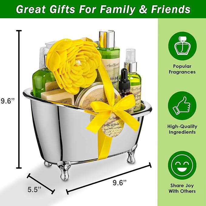 Spa Gift Baskets For Women - Luxury Bath Set With Green Tea & Lemongrass - Spa Kit Includes Body Wash, Bubble Bath, Lotion, Body Butter, Soap, Shower Puff, and Towel