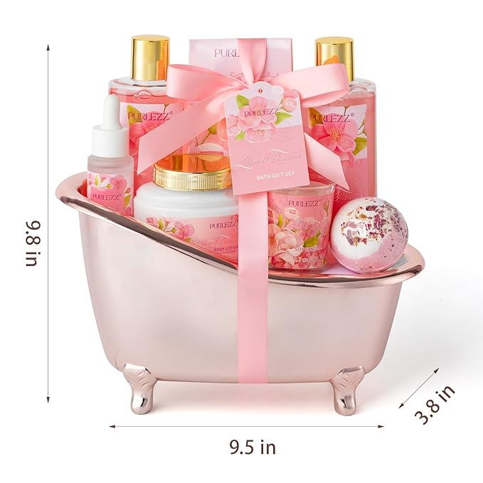 Rose & Jasmine Floral Luxury Bath & Body Gifts - Spa Basket with Body Lotion, Soy Candle - Home Bath Gift Set for Women