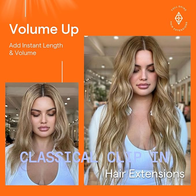 Full Shine Hair Extensions Real Human Hair Clip ins 14 Inch Chestnut Brown Ombre Brown Mix Platinum Blonde Remy Human Hair Extensions Lace Double Weft Seamless Hairpiece for women