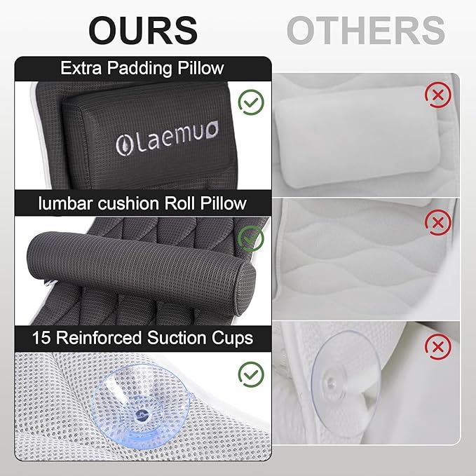 Full Body Bath Pillow Bathtub Pillows-Removable Lumbar Cushion with 17 Non-Slip Suction Cups 4D Air Mesh Fit Any Tub Luxury Bathroom Accessories-Grey