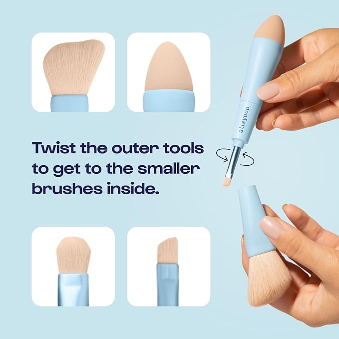 Alleyoop Multi-Tasker 4-in-1 Travel Makeup Brush Set – Compact Makeup Brushes with Blending Sponge, Eyeshadow, Eyebrow & Liner, Blush & Bronzer Brush – Mini Makeup Tools Kit for Women, Vegan