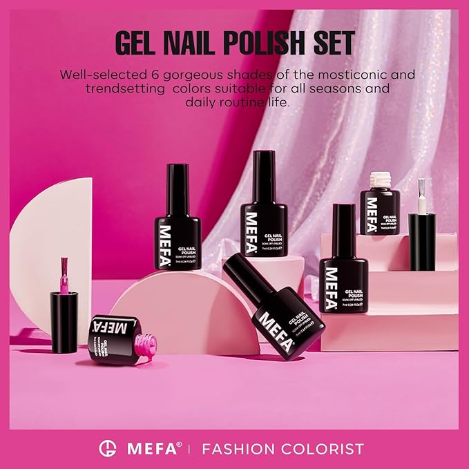 MEFA Pink Gel Nail Polish Set 6 Colors, Hot Pink Shades Spring Neon Light Bright Magenta Electric Tones Craze Nail Art Design at Home DIY Decorations Manicure Kit Gifts for Women