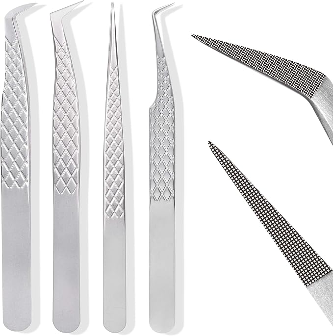 Fiber Tip Lash Tweezers For Eyelash Extension 4 Pcs Tweezers Professional Artist Tech Work Kit Tools,Best Volume Eyelash Lashes Extensions Precision Supplies Volume Boot 90 45 Degree(Silver)