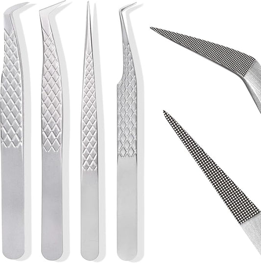 Fiber Tip Lash Tweezers For Eyelash Extension 4 Pcs Tweezers Professional Artist Tech Work Kit Tools,Best Volume Eyelash Lashes Extensions Precision Supplies Volume Boot 90 45 Degree(Silver)
