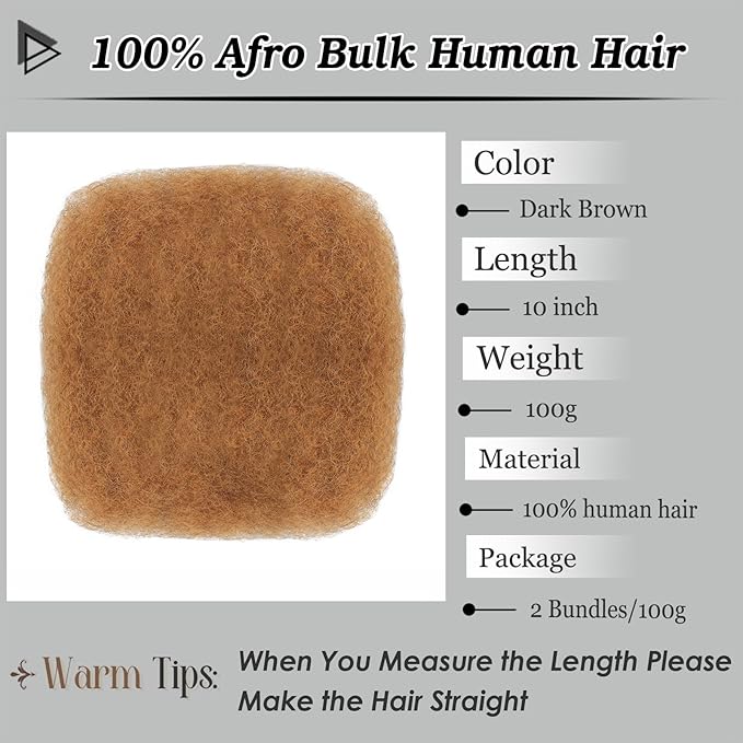 Afro Kinkys Bulk Human Hair 10 Inch 100g Auburn Brown Afro Kinky Curly Human Hair Bulk for Dreadlock Extensions, Micro Locs, Braiding Twists, Braids and Repair Locs(10 Inch, 30#)