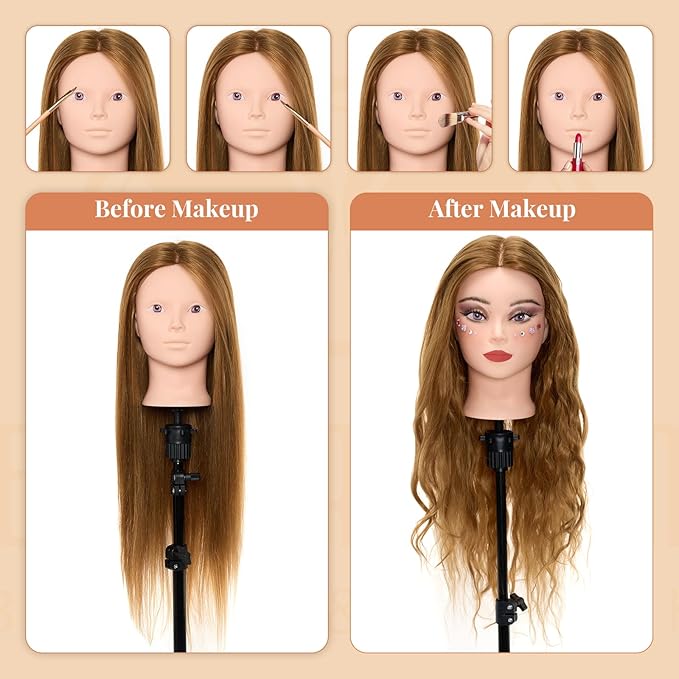 Mannequin Head 60% Human Hair with Tripod Stand,28 Inch Make up Cosmetology Manikin Practice Doll Head with Hair,Braiding Hairdressing Head for Hair Styling with Table Clamp + DIY Hair Styling Set
