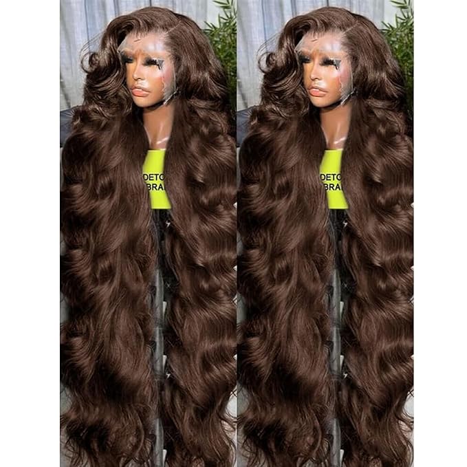 32Inch Lace front wig human hair Chocolate brown Lace Front Wig Human Hair Pre Plucked Brown Wig Human Hair Body Wave 4# Colored 13x6 Body Wave Lace Front Wigs Human Hair 200% Density