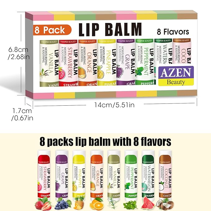 AZEN 8 Pack Lip Balm, Natural Lip Balm Bulk, Lip Care Product, Moisturizing Lip Balms for dry cracked lips - 8 Flavors