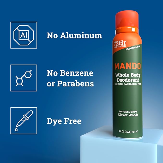 Mando Whole Body Deodorant For Men - Invisible Spray Deodorant - 72 Hour Odor Control - Low Irritation Formula - Aluminum Free, Benzene Free - 3.6 ounce Cans (Pack of 2) - Clover Woods