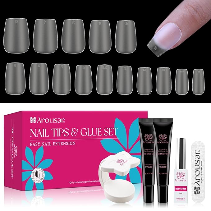 360pcs Short Coffin Nail Tips Kit, Clear Acrylic Nail Extension Set in 15 Sizes, Matte Full Cover Press on False Nail Tips with 20ml*2 Glue Gel & UV Nail Lamp, Spring Summer DIY Salon Gift