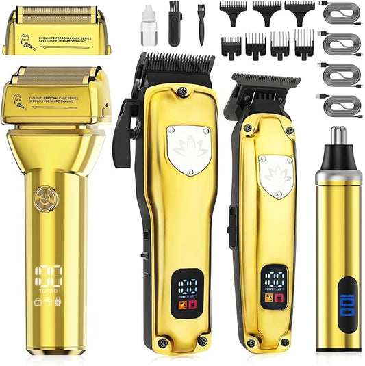 4-in-1 Hair Clippers for Men, Professional Cordless Barber Hair Cutting Kit, T-Blade Trimmer, Electric Foil Shaver, Nose Hair Trimmer, LCD Display, Grooming Gift Set (Gold)