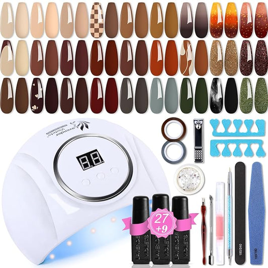 Lavender Violets 48pcs Gel Nail Polish Kit with UV Light, 27 Skin Tone Colors Gel x Nail Kit with Everything All Seasons Set, 54W LED Nail Lamp, No Wipe Base Top Coat & Manicure Tools Q980
