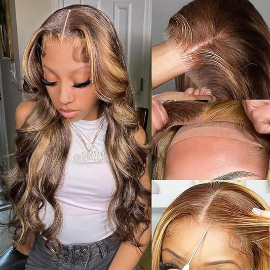 30 Inch Wear and Go Glueless Wigs Human Hair Pre Plucked Pre Cut 5x5 HD Lace Closure Wigs Human Hair Body Wave Wig P4/27 Honey Blonde Ombre Highlight Lace Front Wig 180% Density