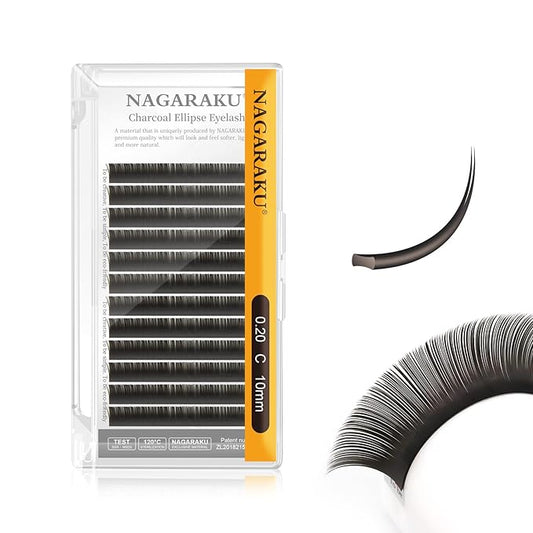 NAGARAKU Double Tips Flat Ellipse Eyelash Extensions Supplies 0.20 C curl 10mm Natural Charcoal Color Faux Mink Super Soft Split Tips Lash Individual Lashes