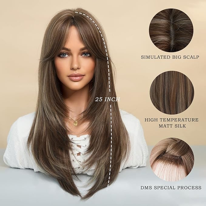 7JHH WIGS Honey Blonde Wig with Bangs Long Brown Wigs for Women,Layered Heat Resistant Synthetic Wigs for Daily Use