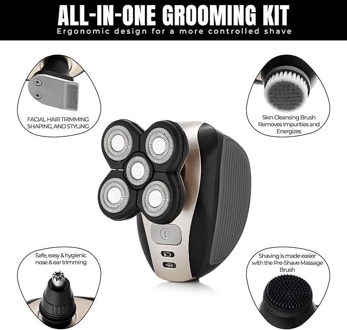 Electric Shaver Bald Head Shaver Head Shavers for Bald Men Electic Razor for Men Waterproof Cordless Trimmer for Nose Ear Face Body Wet Dry Men's Rotary Shavers for Head Shaving Machine 5 in 1 4D