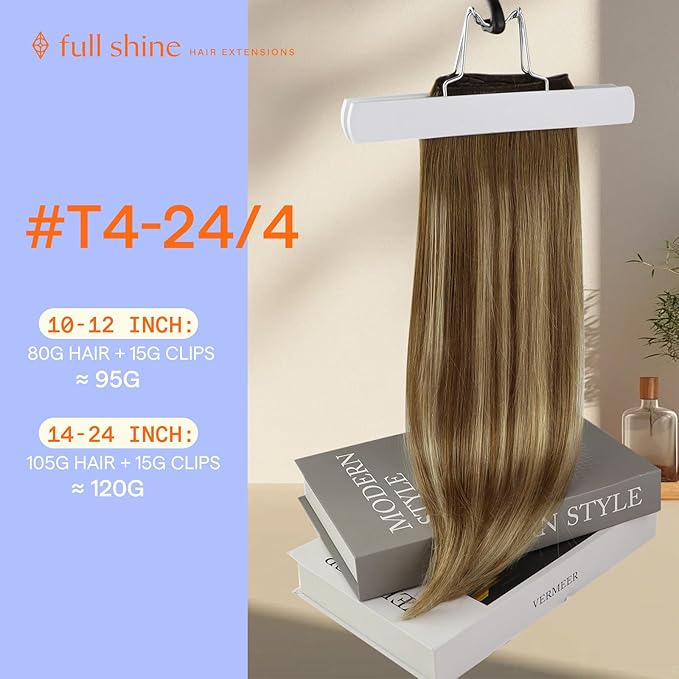 Full Shine Clip in Hair Extensions Brown Ombre Human Hair Clip in Extensions 22 Inch Double Weft Medium Brown Balayage Honey Blonde Human Hair Extensions for Thick Hair 7 Pcs 120 G