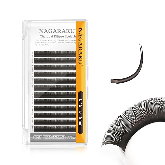 NAGARAKU Double Tips Flat Ellipse Eyelash Extensions Supplies 0.15 D curl 9mm Natural Charcoal Color Faux Mink Super Soft Split Tips Lash Individual Lashes
