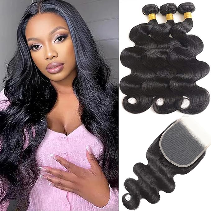 Body Wave Bundles with Closure Brazilian 3 Bundles with Closure (16 18 20+14) Unprocessed Virgin Human Hair Body Wave Bundles with 5x5 Lace Closure Free Part