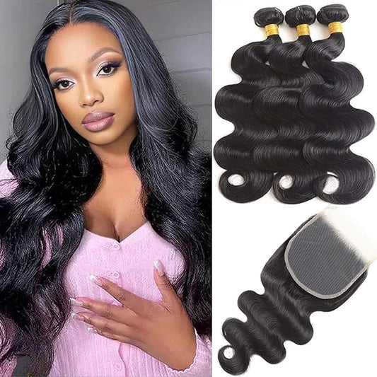 Body Wave Bundles with Closure Brazilian 3 Bundles with Closure (16 18 20+14) Unprocessed Virgin Human Hair Body Wave Bundles with 5x5 Lace Closure Free Part