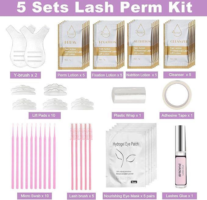 Lash Lift Kit, Eyelash Perm Kit, 5 Sets Lash Perm Kit Eyelash Lift Kit, Eyebrow Lamination Easy for Beginner, Professional Eyelash Curling Lash Extension Set, Home Achieve Semi-Permanent Curling