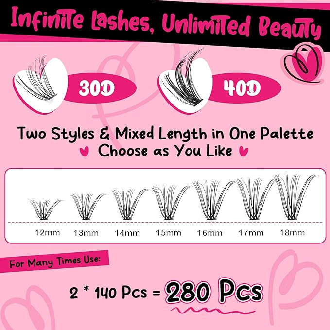 Lash Bond and Seal Lash Remover Lash Applicator Individual Lashes Kit Eyelash Brush Easy to Apply at Home(30D+40D-12-18mix Kit)