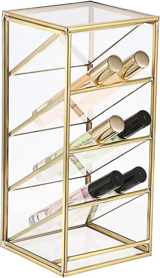 ELLDOO Rollerball Perfume Organizer, 4 Compartment Clear Glass Perfume Storage Holder Vintage Beauty Scent Holder, Metal Makeup Lipgloss Lipstick Display Case