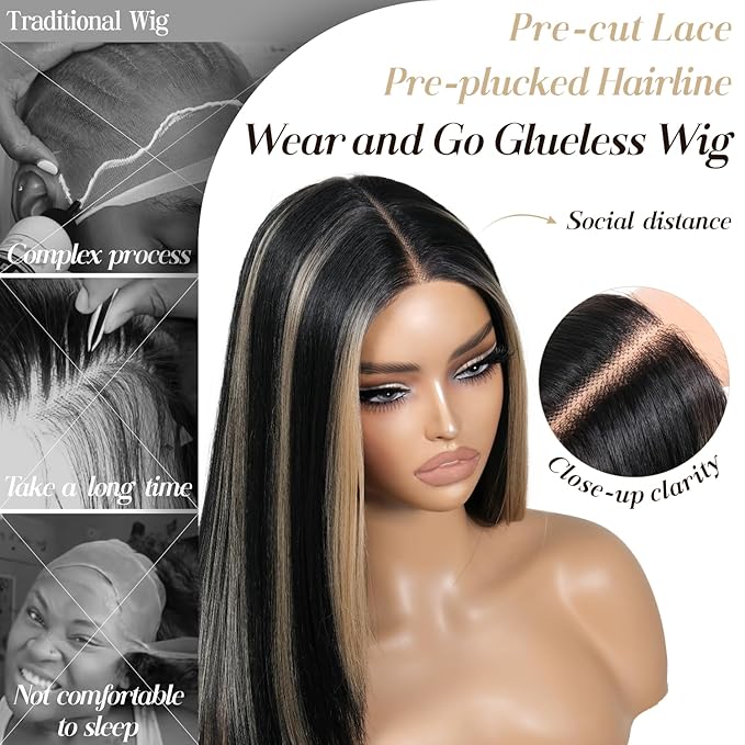 Black Wig With Bangs Wear and Go Glueless Synthetic Lace Front Highlight Wigs for Women Pre Plucked Pre Cut Layered Black and White Wig Ready to Wear Middle Part 26 Inch