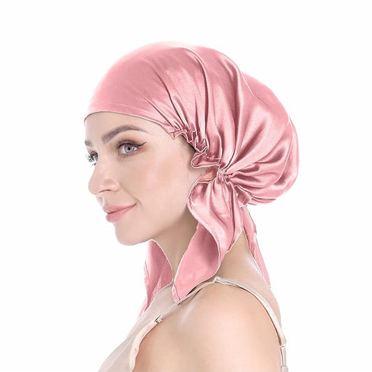 100 percent Silk Bonnet for Sleeping, Hair Bonnet with Tie Band, Large Silk Sleep Cap for Curly Hair, Silk Hair Wrap for Hair Care (Rose Pink), One Size