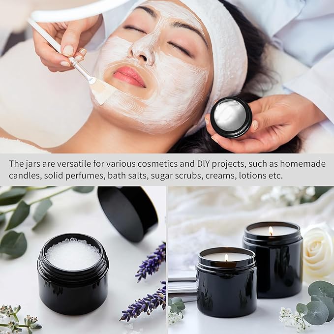 KEYWING 2oz Small Glass Jars, 35 Pack Black Glass Lotion Containers with Black Lids, Round Sample Jars with Inner Liners for Cream, Powders and Ointments