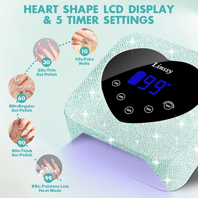 UV Light for Nails,Linssy 72W Cordless UV LED Nail Lamp Nail Dryer with Touch Display & 5 Timer Settings, Rechargeable Nail Light with Diamond & Pearl for Fast Curing (Blue)