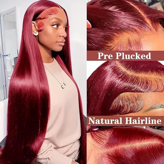 99J Burgundy Lace Front Wigs Human Hair 13x6 Straight Lace Frontal Wigs Human Hair Pre Plucked Wine Red Colored Straight Wigs Human Hair Red Human Hair Wigs for Women 30 Inch