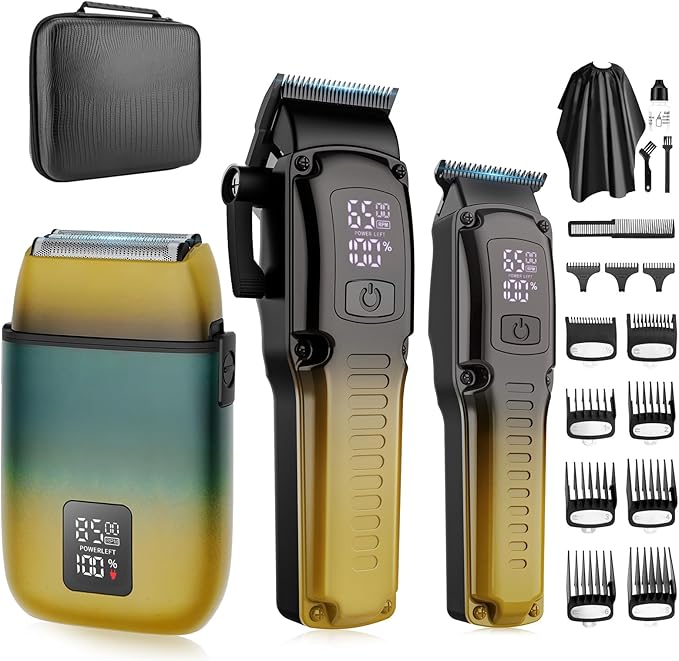 Professional Barber Hair Clippers Trimmer Shaver Set for Men,Cordless Hair Cutting Kit & Zero Gap T-Blade Trimmer & 8500 RPM Electric Shaver Combo with EVA Case,Mens Gift