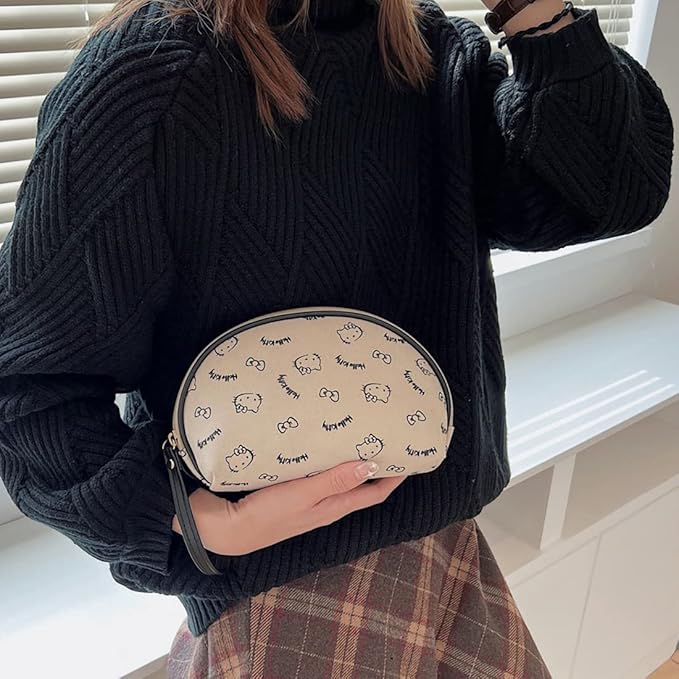 AmBealla Portable Storage Bag Cosmetic Bag for Women,Small Cute Compact Makeup Bag for Keys and Phone, Beige Cotton Organizer with Wristband,Portable Mini Bag for girls