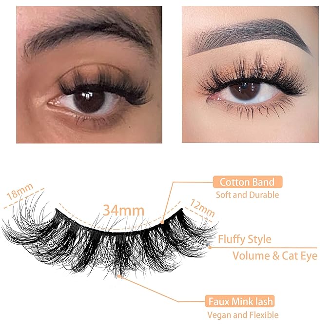 Fluffy Cat Eye Lashes NINGLASH Wispy Lashes False Eyelashes Natural Look Fake Eyelash 18mm Faux 3D Mink Lashes Strips 7 Pairs Pack