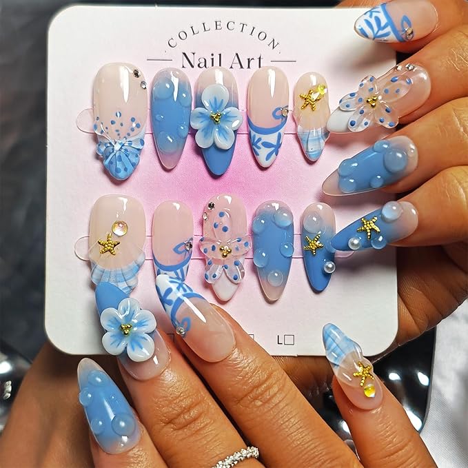 Handmade Acrylic Press On Nails Almond, 3D Press On Nails Medium, Ocean 3D Blue Nails French Tip Flower Bubble Preal For Women Gift, Reusable Stick On Fake Nails Kit With Nail Glue (Ocean Bloom-L)