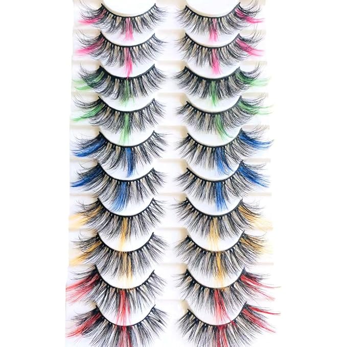 Sunniess Ombre Colored Lashes Silk Protein Fluffy Wispy Volume Fake Lashes for Halloweens Cosplay Party Stage Lashes with Color Make up Faux Mink False Eyelashes