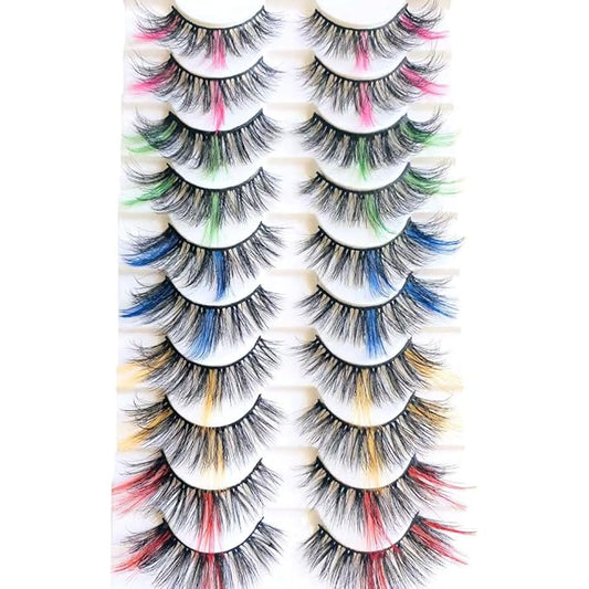Sunniess Ombre Colored Lashes Silk Protein Fluffy Wispy Volume Fake Lashes for Halloweens Cosplay Party Stage Lashes with Color Make up Faux Mink False Eyelashes