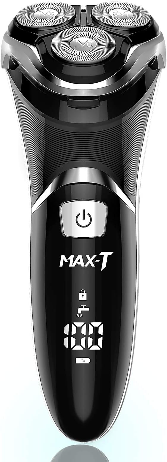 Men's Electric Shaver - MAX-T Corded and Cordless Rechargeable 3D Rotary Shaver Razor for Men with Pop-up Sideburn Trimmer Wet and Dry with Wall Adapter 100-240V