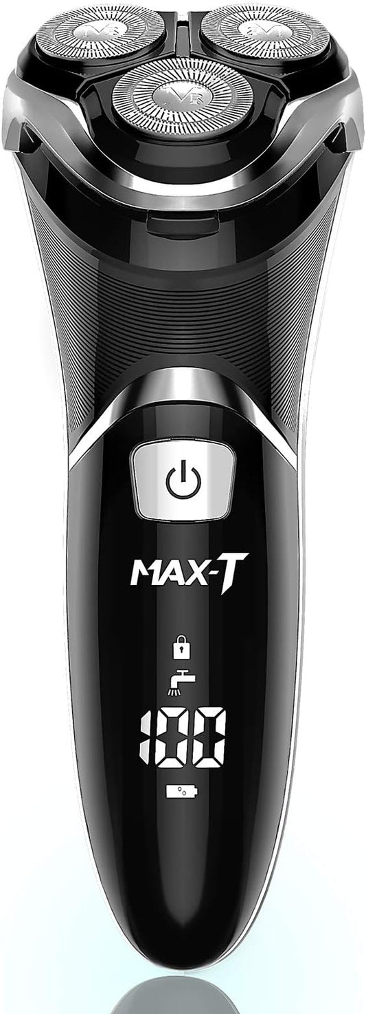 Men's Electric Shaver - MAX-T Corded and Cordless Rechargeable 3D Rotary Shaver Razor for Men with Pop-up Sideburn Trimmer Wet and Dry with Wall Adapter 100-240V
