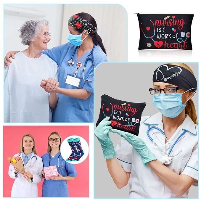 Colarr 36 Pcs Nurse Appreciation Gift Set Include Nurse Makeup Bag Nursing Headbands Hair Nurse Scrunchie Nurses Socks Nurse Ballpoint Pens Nurse Badge Holder Reel Nurse Week Day Gifts for Nurse
