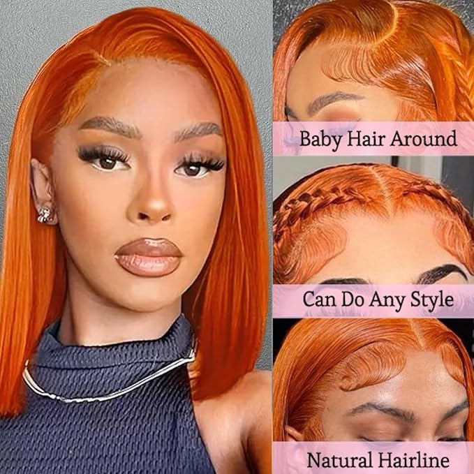 10 Inch Ginger Orange Bob Lace Front Wigs Human Hair for Women 13x4 HD Transparent Lace Frontal Wigs Pre Plucked with Baby Hair Glueless Wigs Human Hair 180% Density 350# Colored Straight Bob Wig