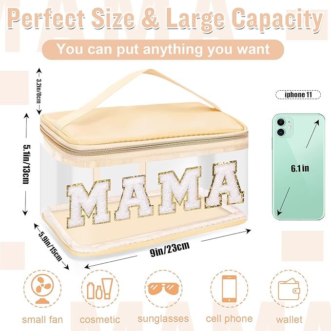 Chenille Letter Clear Makeup Bags Mama Pouch, Preppy Patch Makeup Bag Zipper with Handle, Transparent PVC & Nylon Waterproof Glitter Cosmetic Handbag Travel Toiletry Storage for Women Girl(MAMA-Beige)