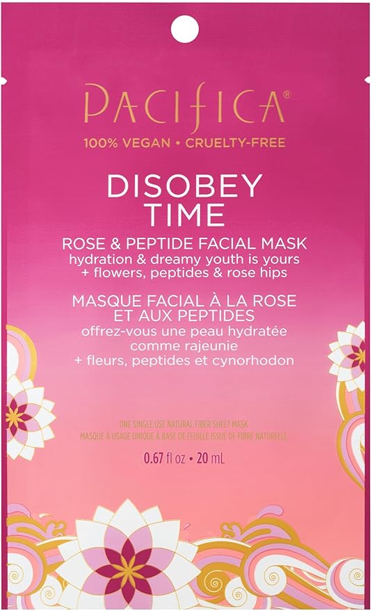 Pacifica Disobey Time Rose & Peptide Facial Sheet Mask Hydrating Anti-Aging Mask for Fine Lines & Dry Skin Infused w/Hyaluronic Acid & Chamomile Clean Beauty Vegan & Cruelty-Free Dermatologist Tested
