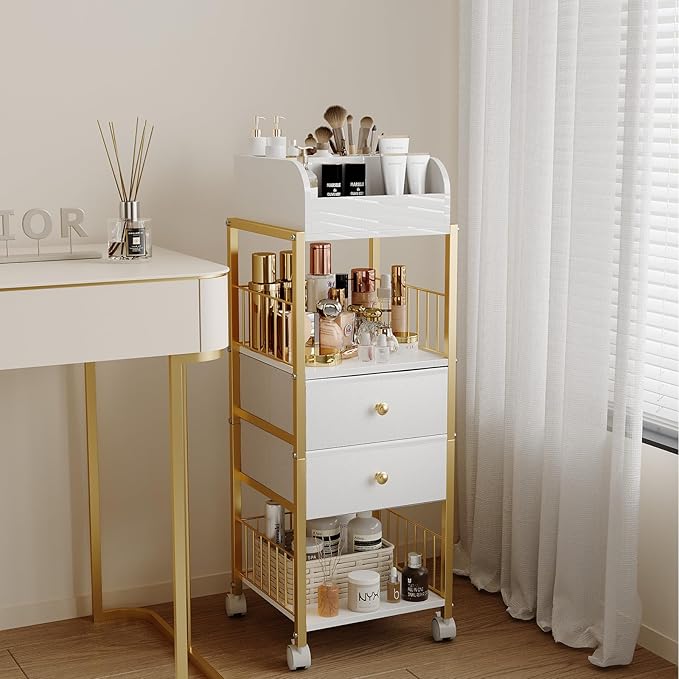 Floor Makeup Organizer Cart, Large Skincare organizers, Makeup Stand with Drawers, Makeup Vanity Organizer Cosmetics Display Cases Holder for Skin Care Nail Polish Perfume Makeup Brush (Gold)