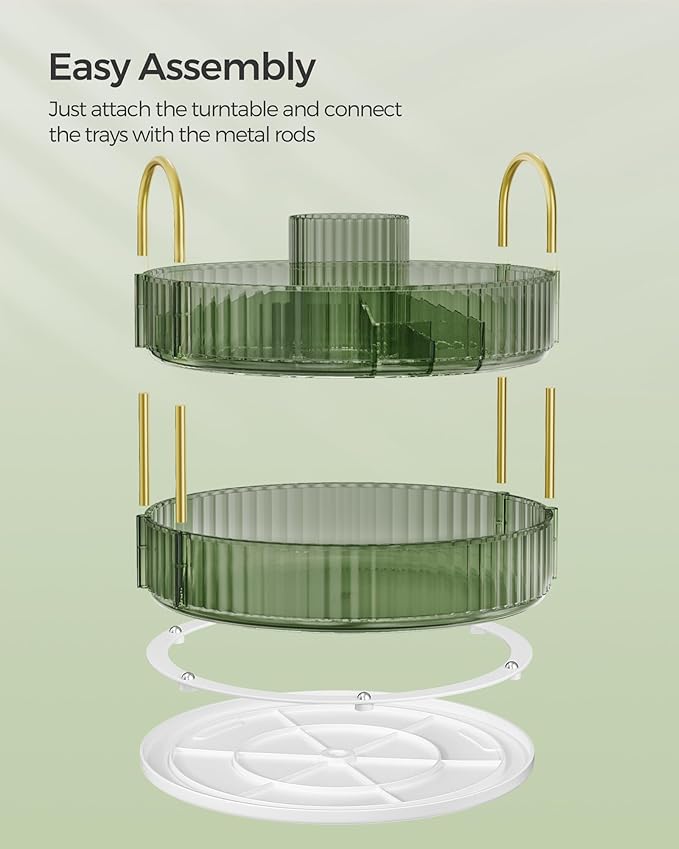 SONGMICS Makeup Organizer, 2-Tier Round Rotating Skincare Organizer Countertop, Customizable, Toiletries Vanity Organizer, Lazy Susan, Gift for Mom, Pale Green UJKA012C01