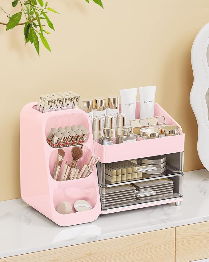 Makeup Organizer with Drawers, Skincare Organizer (Large Size Thick), Storage Box Cosmetic Display Cases, Make up Organizers for Vanity, Dresser, Desk, Kitchen, Countertop (Pink)